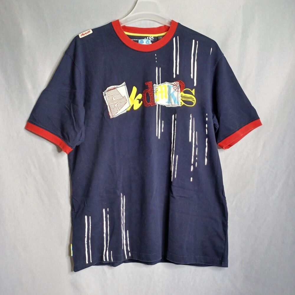 Akdmks Shirt Mens XL Blue Graphic Streetwear Patch Logo Ringer Embroidered Tee